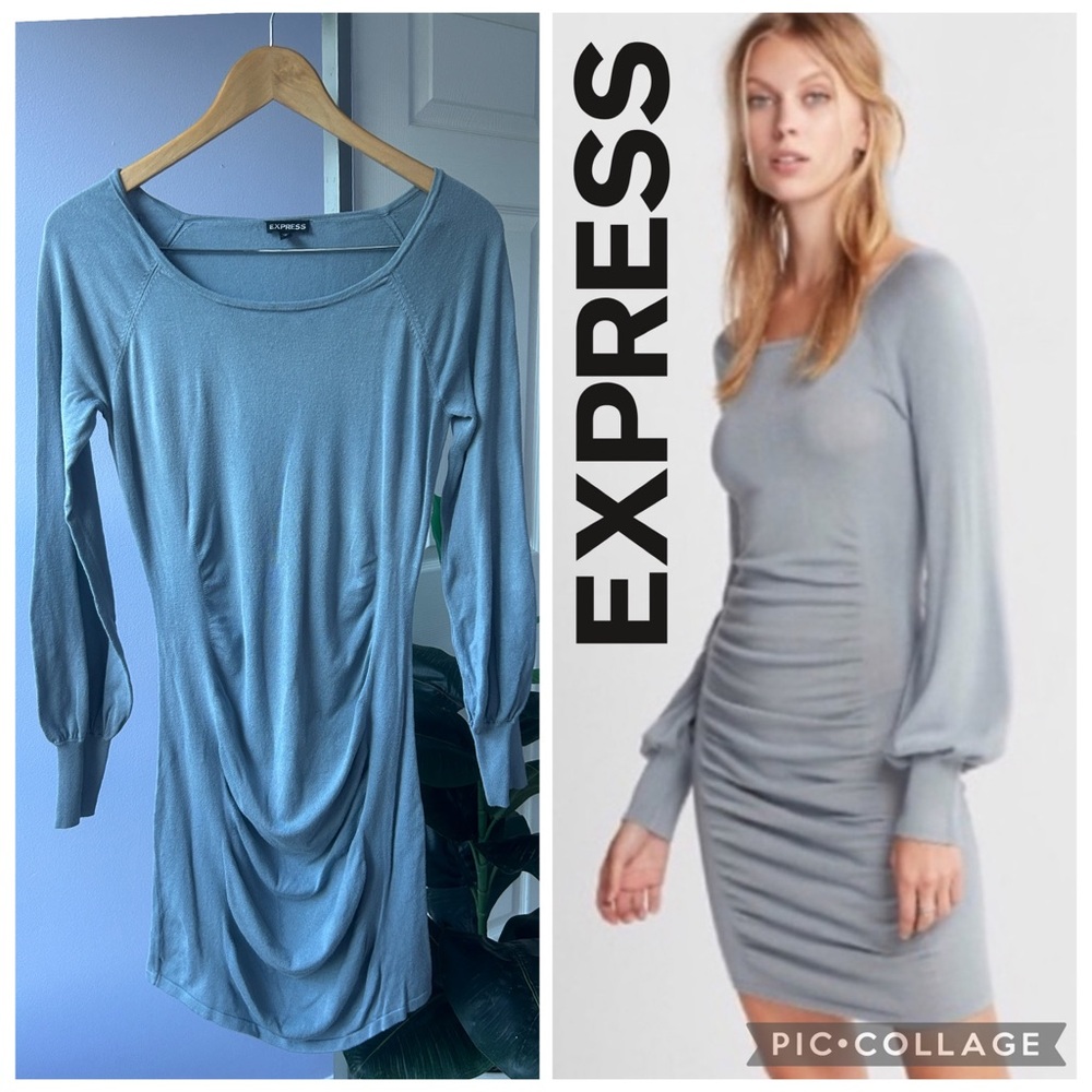 EXPRESS Ruched Balloon Sleeve Sweater Dress Bodycon Smokey Blue Medium